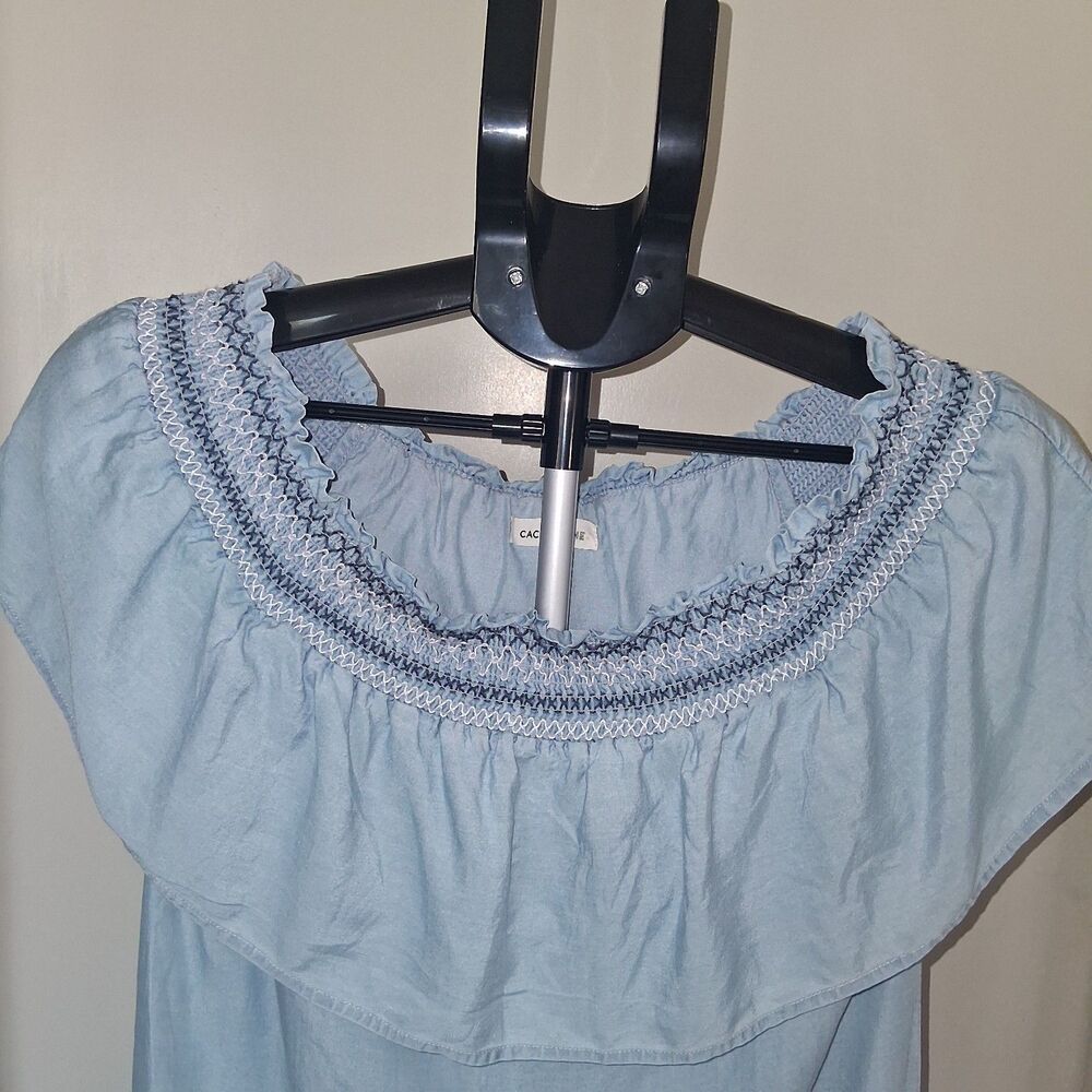 Cache Cache Blue Chambray Off Shoulder Smocked Ruffle Mini Shift Dress Euro 36/4 - Picture 3 of 11